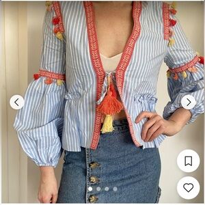 Zara Blue Striped Blouse with Red and Yellow Tassels